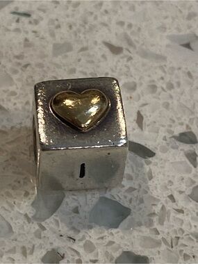 Authentic Pandora Retired Two-Tone I Love You Cube Charm 14k Gold Heart 790200